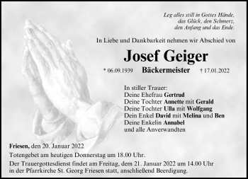 Traueranzeige von Josef Geiger von Neue Presse Coburg