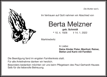 Traueranzeige von Berta Melzner von Frankenpost