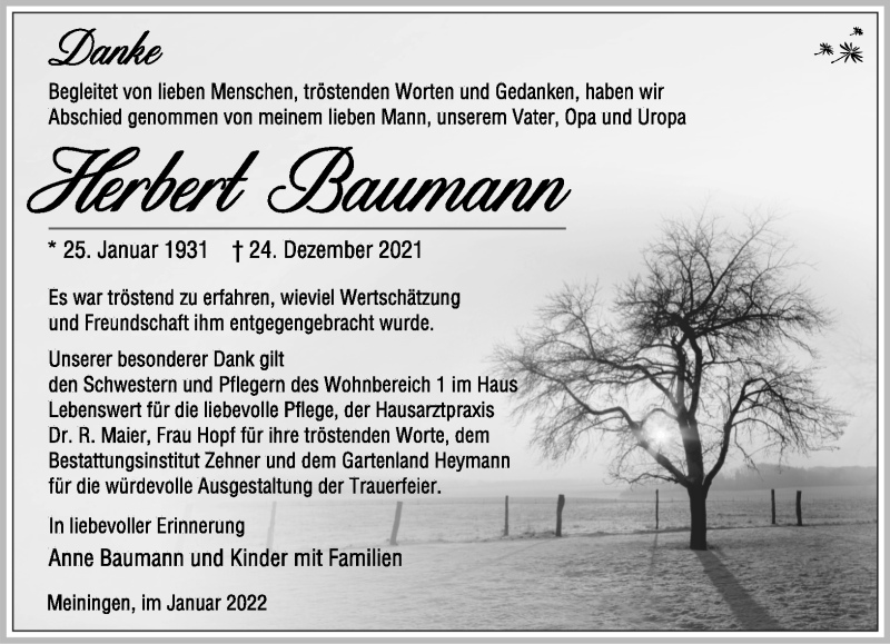  Traueranzeige für Herbert Baumann vom 29.01.2022 aus Südthüringer Presse