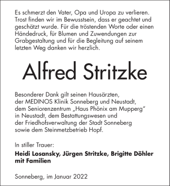 Traueranzeige von Alfred Stritzke von Südthüringer Presse