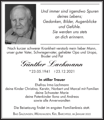 Traueranzeige von Günther Lachmann von Südthüringer Presse