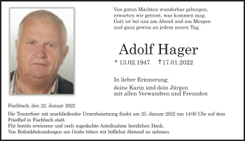Traueranzeige von Adolf Hager von Neue Presse Coburg