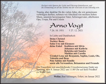 Traueranzeige von Arno Vogt von Südthüringer Presse