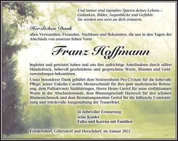 Traueranzeige von Franz Hoffmann von Südthüringer Presse