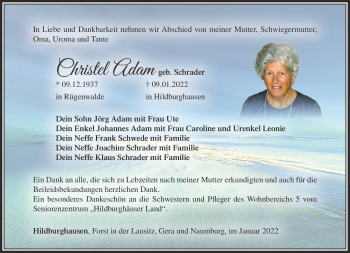 Traueranzeige von Christel Adam von Südthüringer Presse