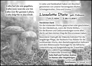 Traueranzeige von Lieselotte Dietz von Südthüringer Presse