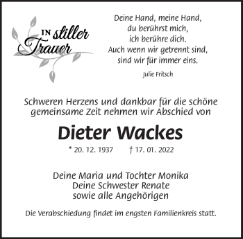 Traueranzeige von Dieter Wackes von Südthüringer Presse
