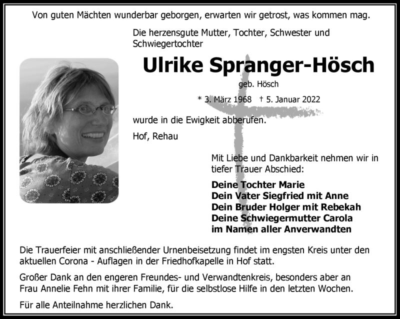 Traueranzeige für Ulrike Spranger-Hösch vom 15.01.2022 aus Frankenpost