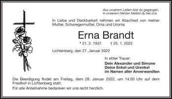 Traueranzeige von Erna Brandt von Frankenpost