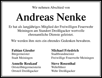Traueranzeige von Andreas Nenke von Südthüringer Presse