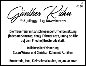 Traueranzeige von Günther Kühn von Südthüringer Presse