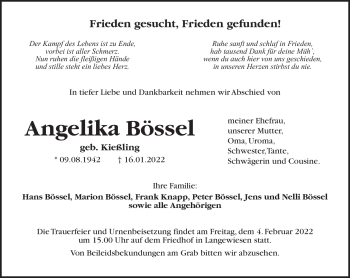 Traueranzeige von Angelika Bössel von Südthüringer Presse