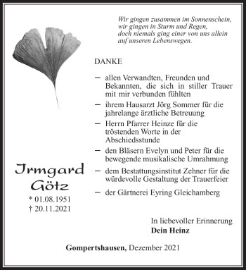 Traueranzeige von Irmgard Götz von Südthüringer Presse