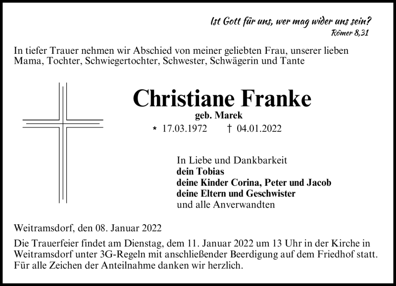  Traueranzeige für Christiane Franke vom 08.01.2022 aus Neue Presse Coburg