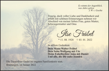 Traueranzeige von Ilse Fräbel von Südthüringer Presse
