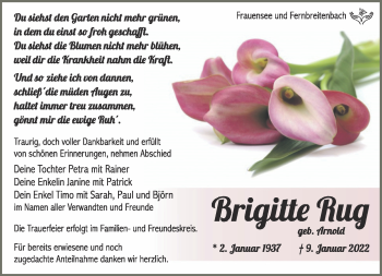 Traueranzeige von Brigitte Rug von Südthüringer Presse