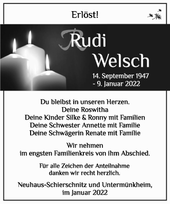 Traueranzeige von Rudi Welsch von Südthüringer Presse
