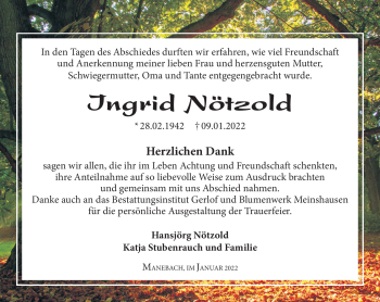 Traueranzeige von Ingrid Nötzold von Südthüringer Presse