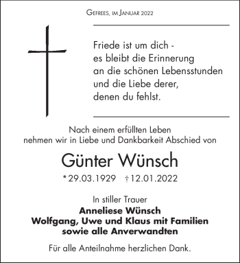 Traueranzeige von Günter Wünsch von Frankenpost