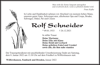 Traueranzeige von Rolf Schneider von Südthüringer Presse