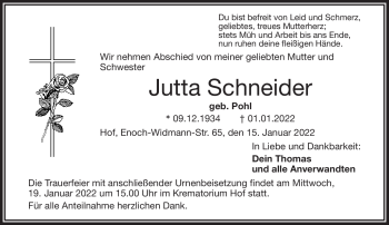 Traueranzeige von Jutta Schneider von Frankenpost