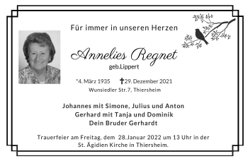 Traueranzeige von Annelies Regnet von Frankenpost