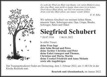 Traueranzeige von Siegfried Schubert von Südthüringer Presse