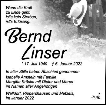 Traueranzeige von Bernd Linser von Südthüringer Presse