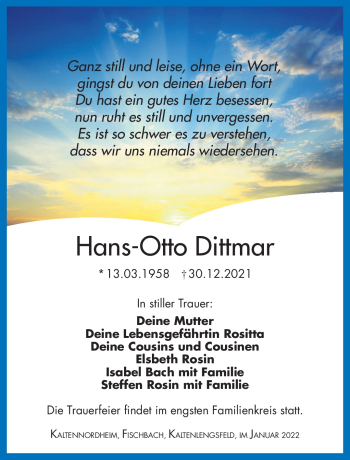 Traueranzeige von Hans-Otto Dittmar von Südthüringer Presse