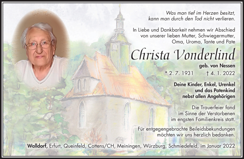  Traueranzeige für Christa Vonderlind vom 15.01.2022 aus Südthüringer Presse