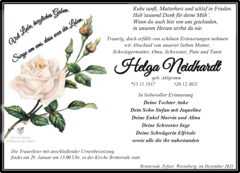Traueranzeige von Helga Neidhardt von Südthüringer Presse