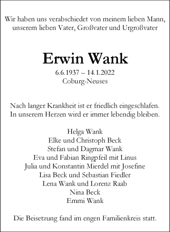Traueranzeige von Erwin Wank von Neue Presse Coburg