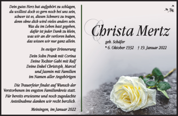 Traueranzeige von Christa Mertz von Südthüringer Presse