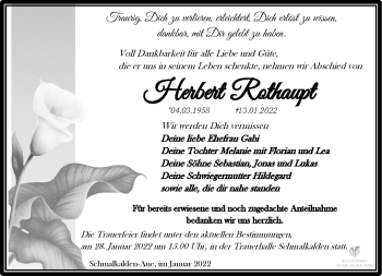Traueranzeige von Herbert Rothaupt von Südthüringer Presse