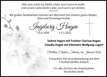 Traueranzeige von Ingeborg Hagen von Neue Presse Coburg