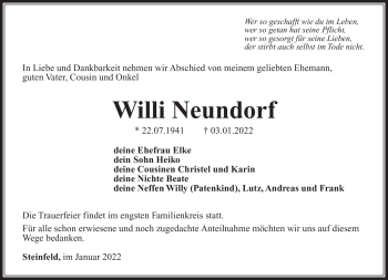 Traueranzeige von Willi Neundorf von Südthüringer Presse