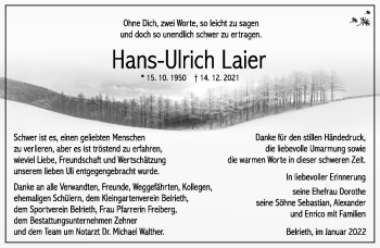Traueranzeige von Hans-Ulrich Laier von Südthüringer Presse
