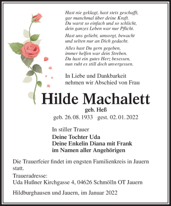 Traueranzeige von Machalett Hilde von Südthüringer Presse
