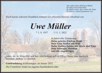 Traueranzeige von Uwe Müller von Südthüringer Presse