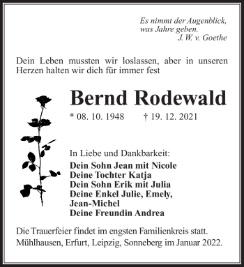 Traueranzeige von Bernd Rodewald von Südthüringer Presse