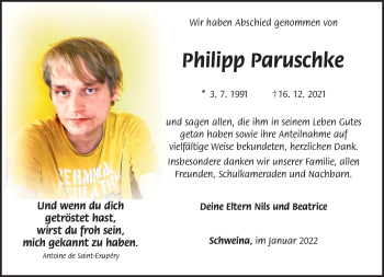 Traueranzeige von Philipp Paruschke von Südthüringer Presse