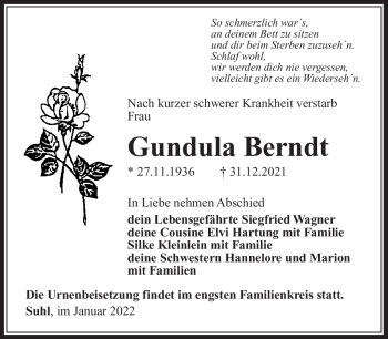 Traueranzeige von Gundula Berndt von Südthüringer Presse