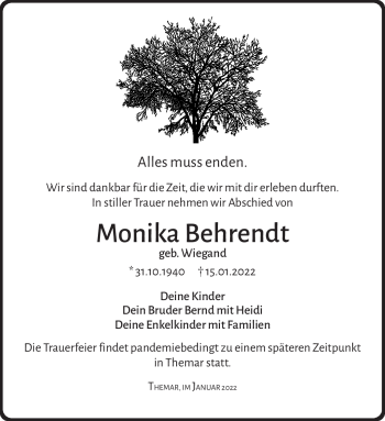 Traueranzeige von Monika Behrendt von Südthüringer Presse