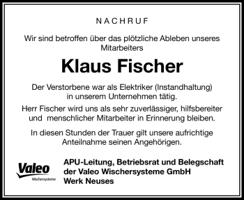 Traueranzeige von Klaus Fische von Neue Presse Coburg
