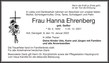 Traueranzeige von Hanna Ehrenberg von Frankenpost