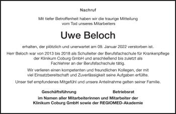 Traueranzeige von Uwe Beloch von Neue Presse Coburg