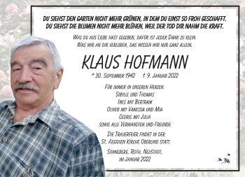 Traueranzeige von Klaus Hofmann von Südthüringer Presse