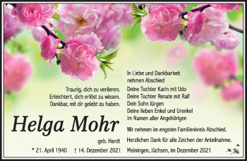 Traueranzeige von Helga Mohr von Südthüringer Presse