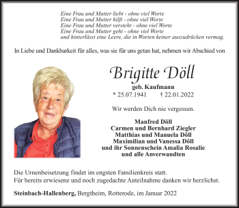 Traueranzeige von Brigitte Döll von Südthüringer Presse