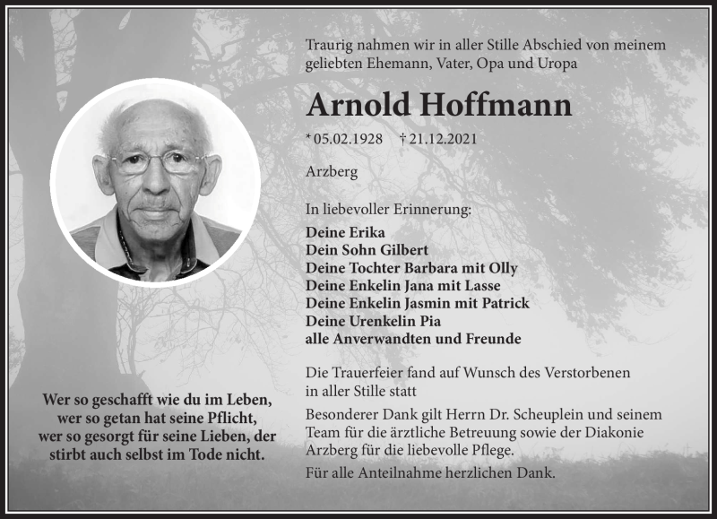  Traueranzeige für Arnold Hoffmann vom 08.01.2022 aus Frankenpost
